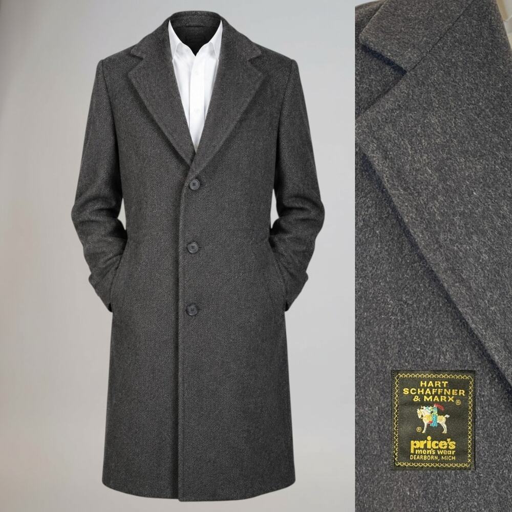 Hart Schaffner Marx Mens 44R Charcoal Gray Wool Walking Topcoat Overcoat